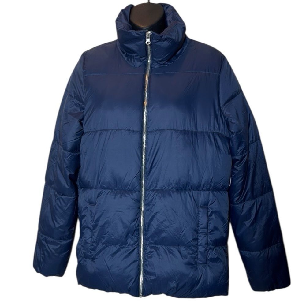 Old navy women’s medium oversized navy blue puffer jacket zip up mock neck